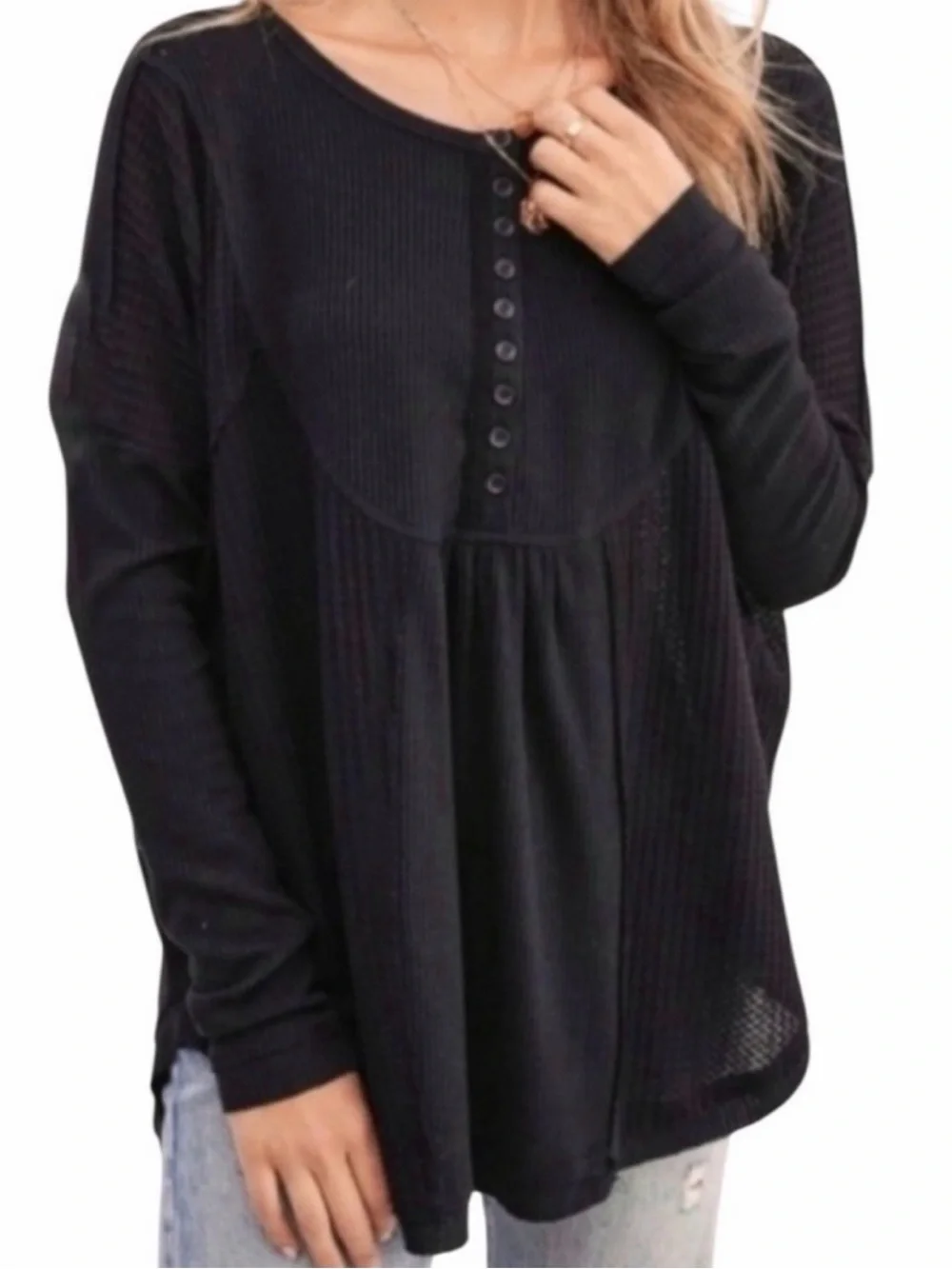 Free People Black Waffle Henley Long Sleeve Top M